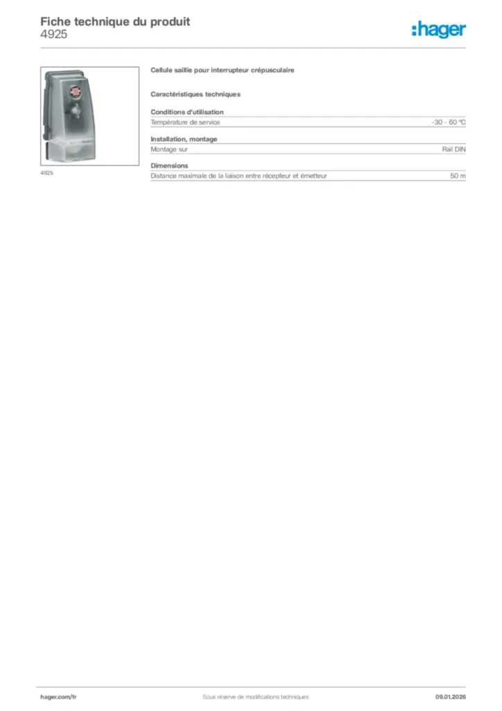 Image Hager Fiche technique du produit 4925 | Hager France