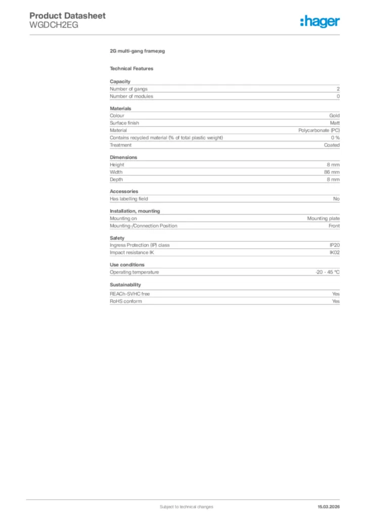 Image Hager Product data sheet WGDCH2EG  | Hager Africa