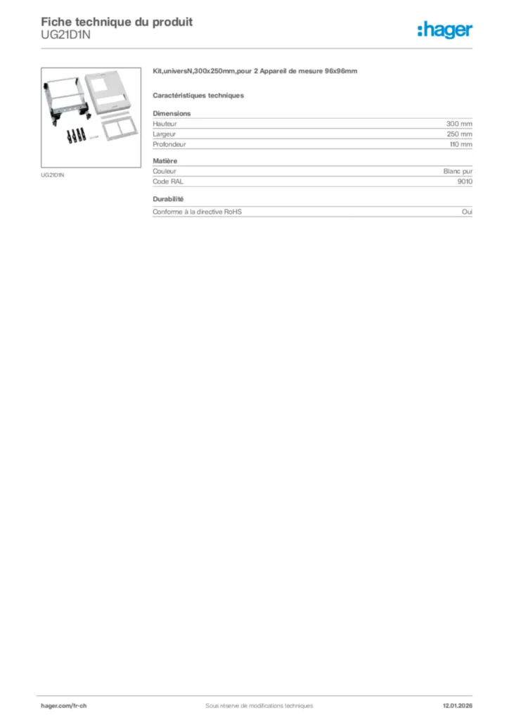 Image Hager Fiche technique du produit UG21D1N | Hager Suisse