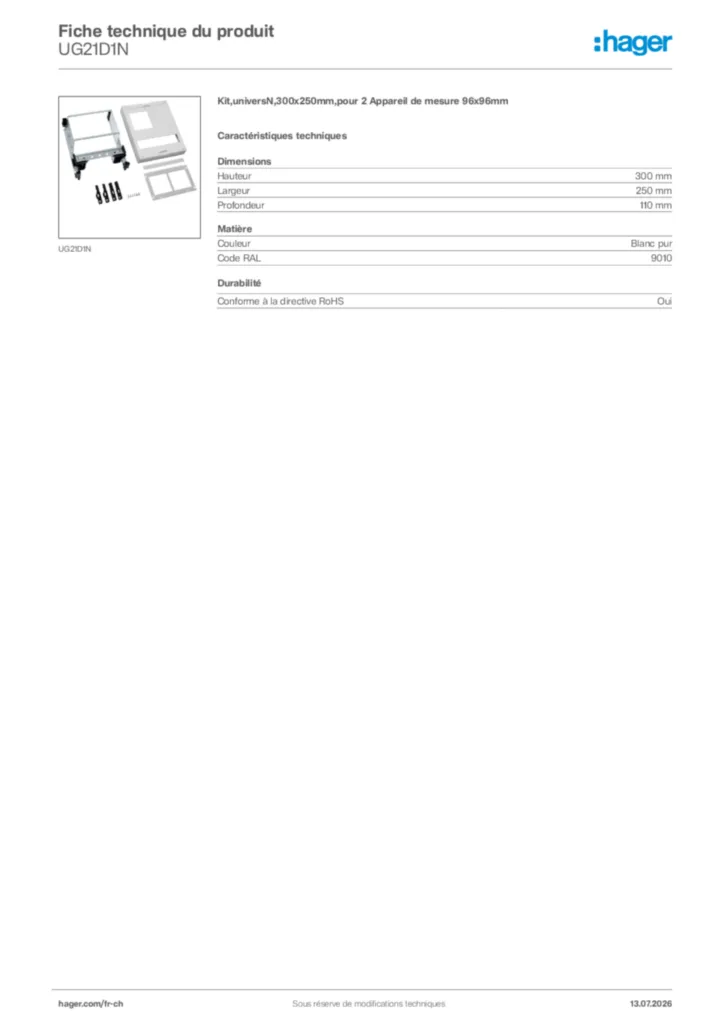 Image Hager Fiche technique du produit UG21D1N | Hager Suisse