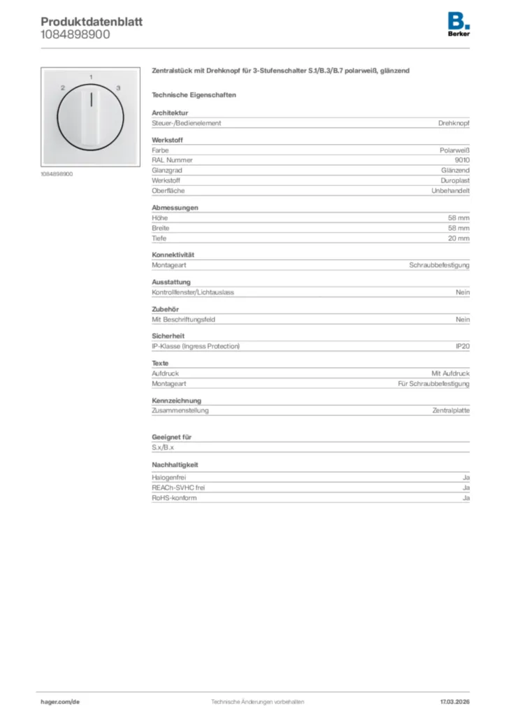 Bild Berker Produktdatenblatt 1084898900 | Hager Deutschland