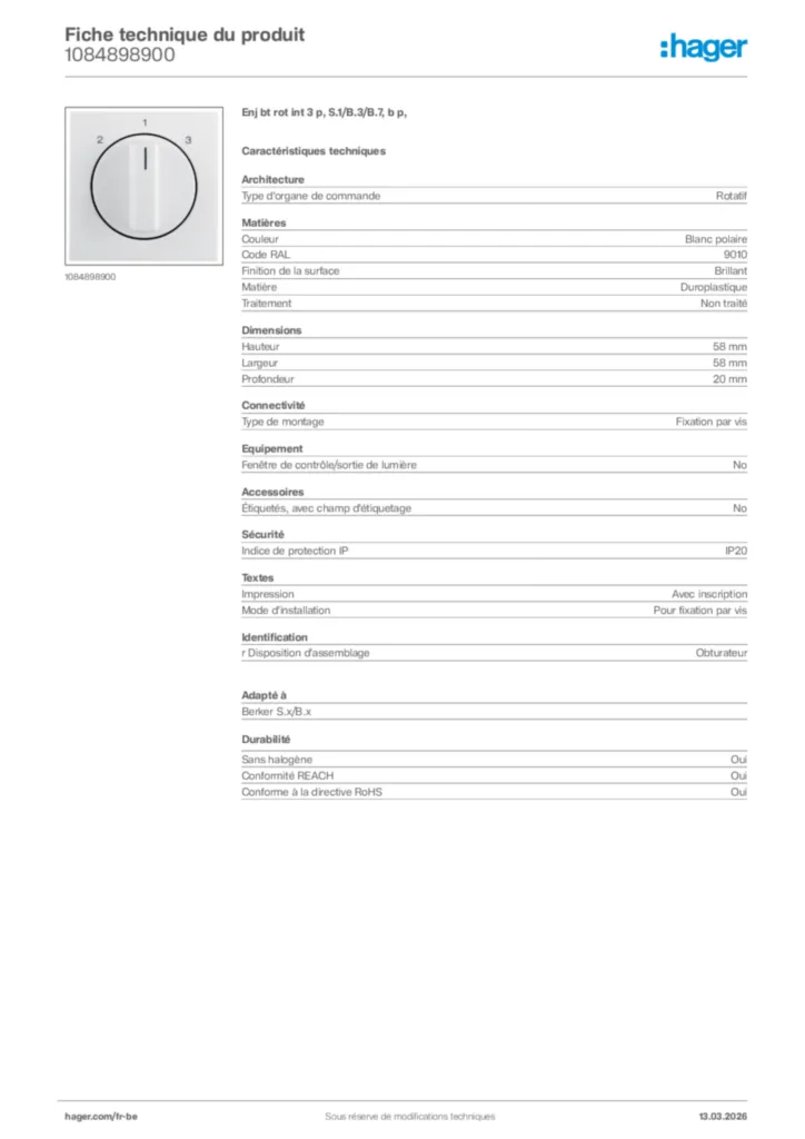 Image Hager Fiche technique du produit 1084898900 | Hager Belgique