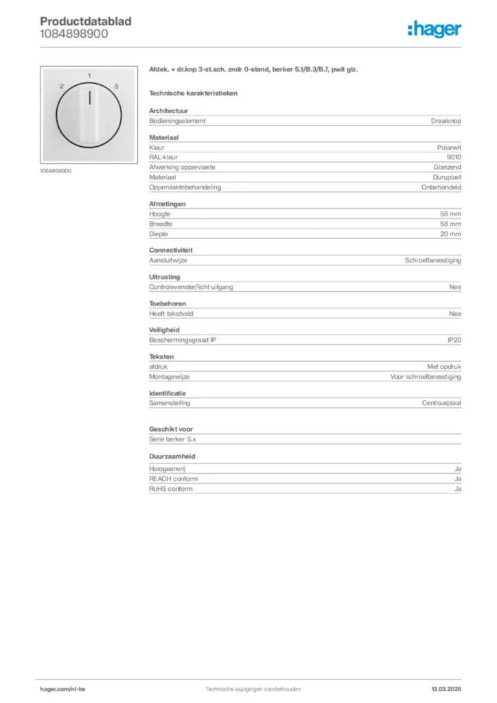 Afbeelding Hager Productdatablad 1084898900 | Hager Belgium