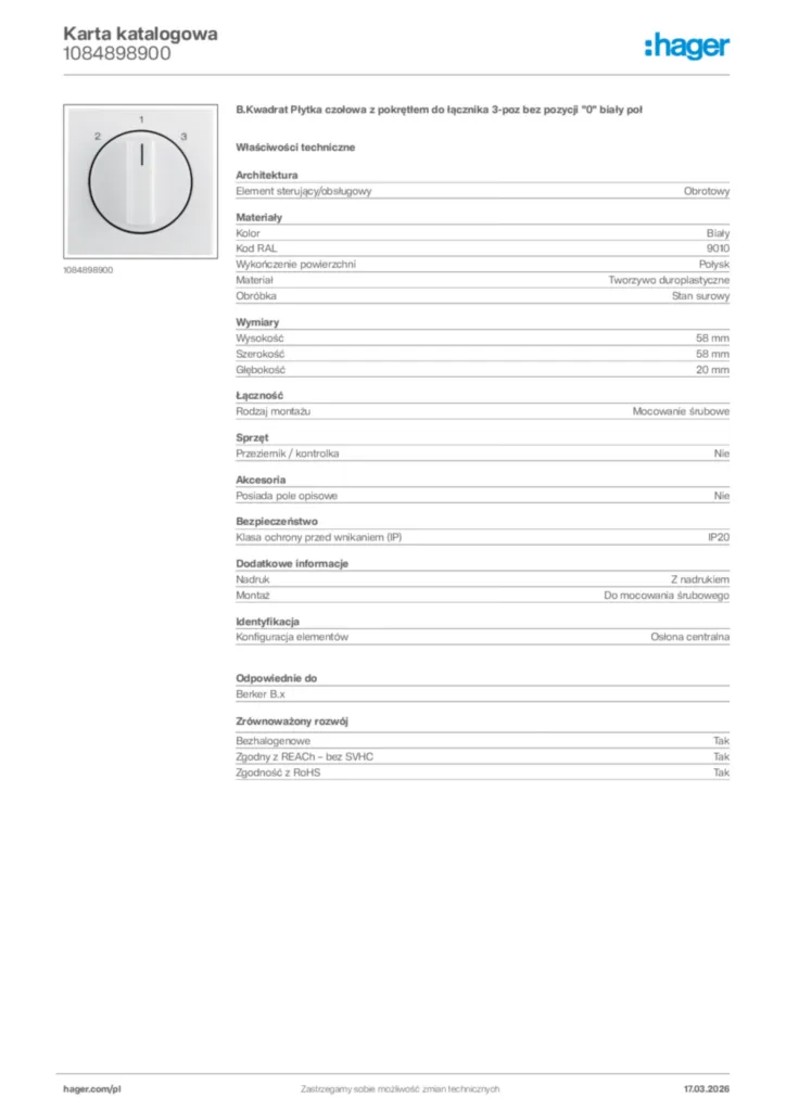 Zdjęcie Hager Karta katalogowa 1084898900 | Hager Polska