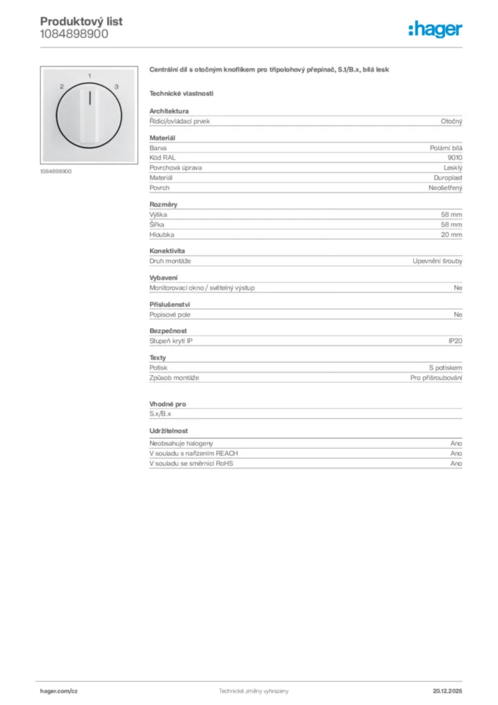 Obrázek Hager Produktový list 1084898900 | Hager