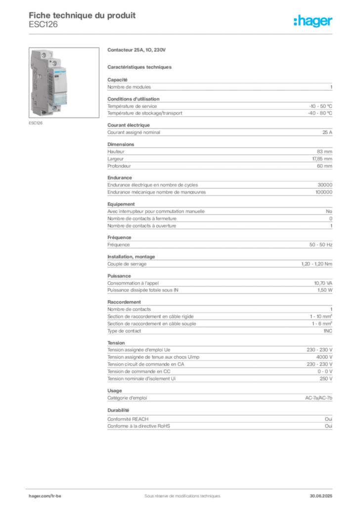 Image Hager Fiche technique du produit ESC126 | Hager Belgique