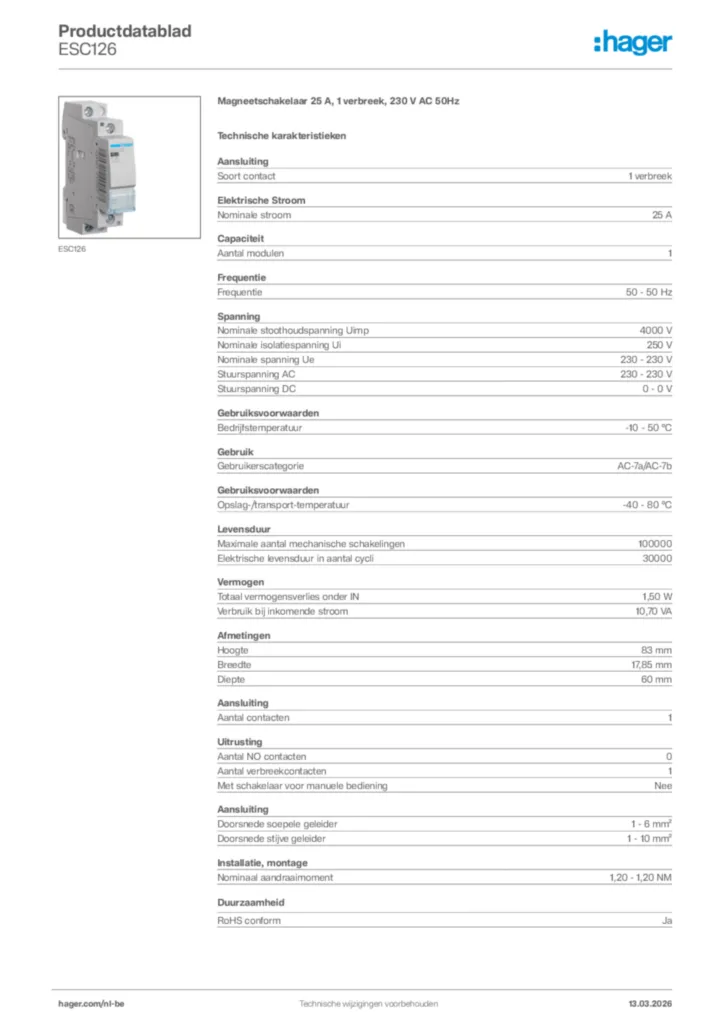 Afbeelding Hager Productdatablad ESC126 | Hager Belgium