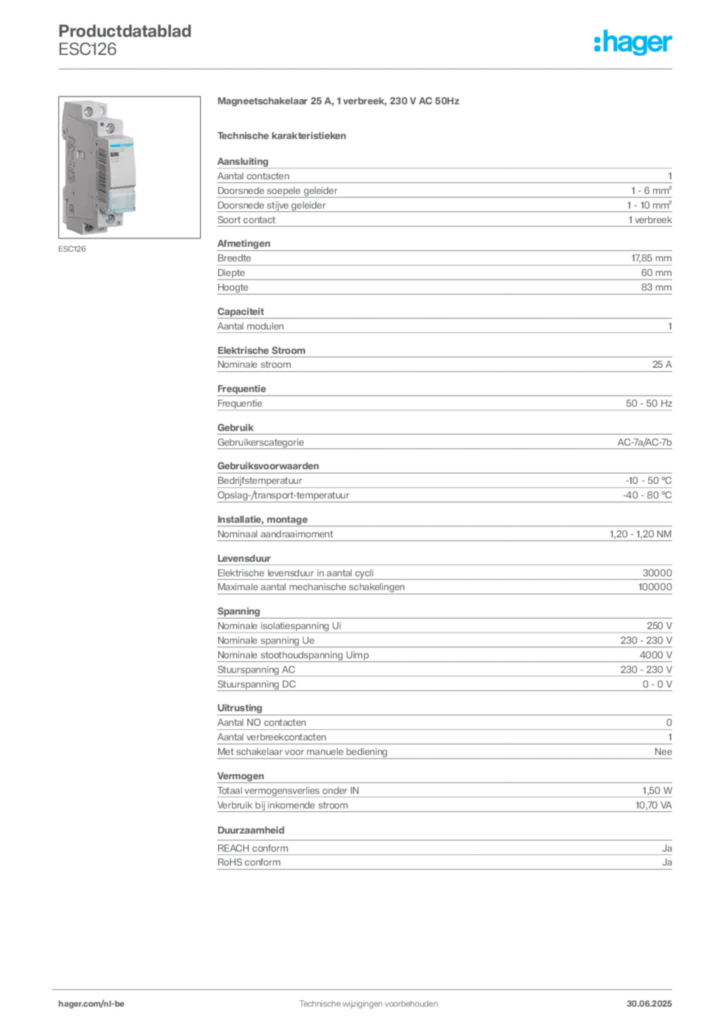 Afbeelding Hager Productdatablad ESC126 | Hager Belgium