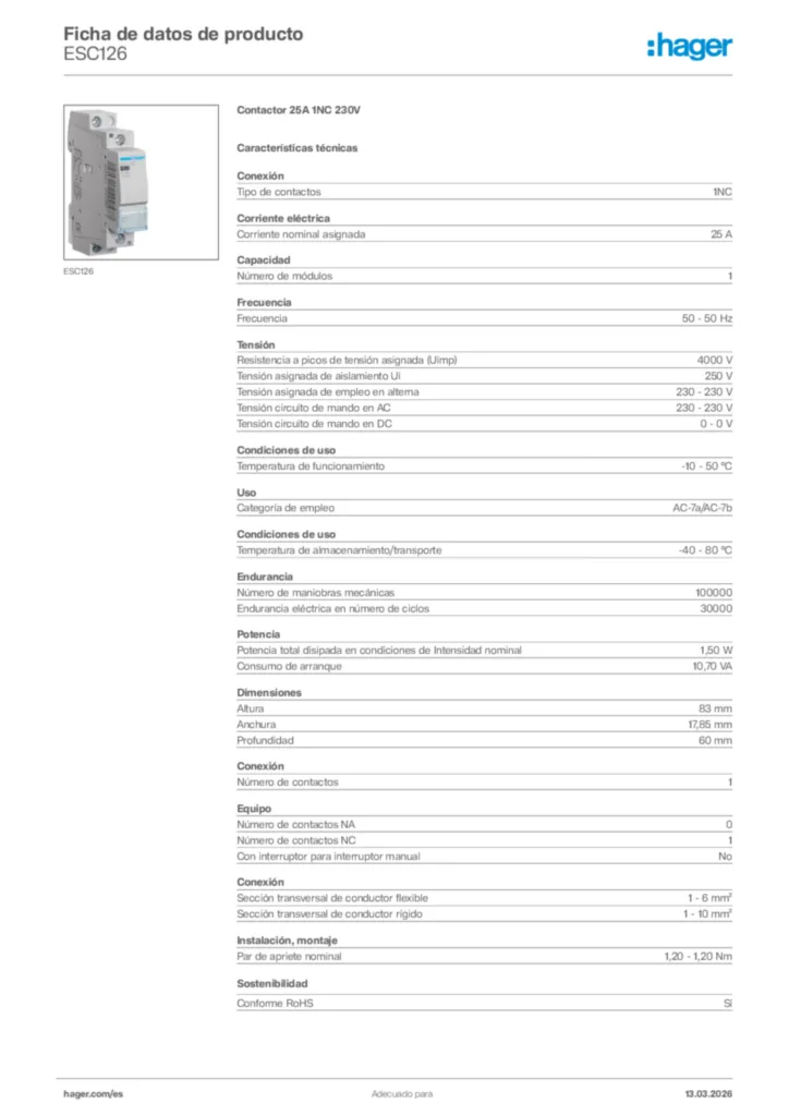Imagen Hager Ficha de datos de producto ESC126 | Hager España