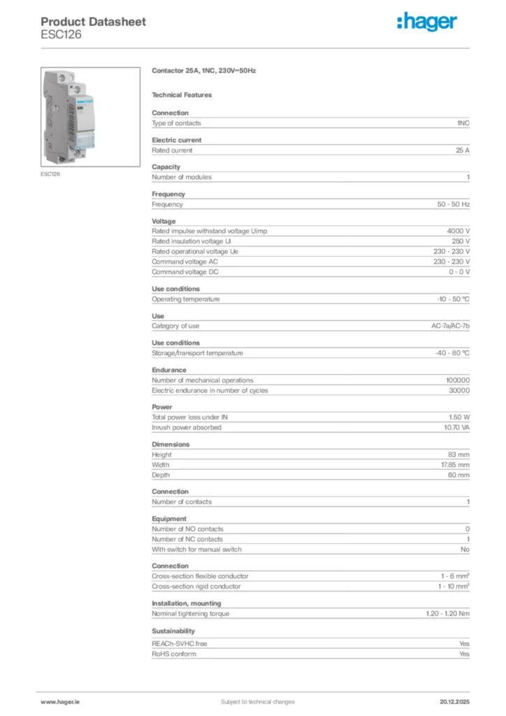 Image Hager Product data sheet ESC126  | Hager