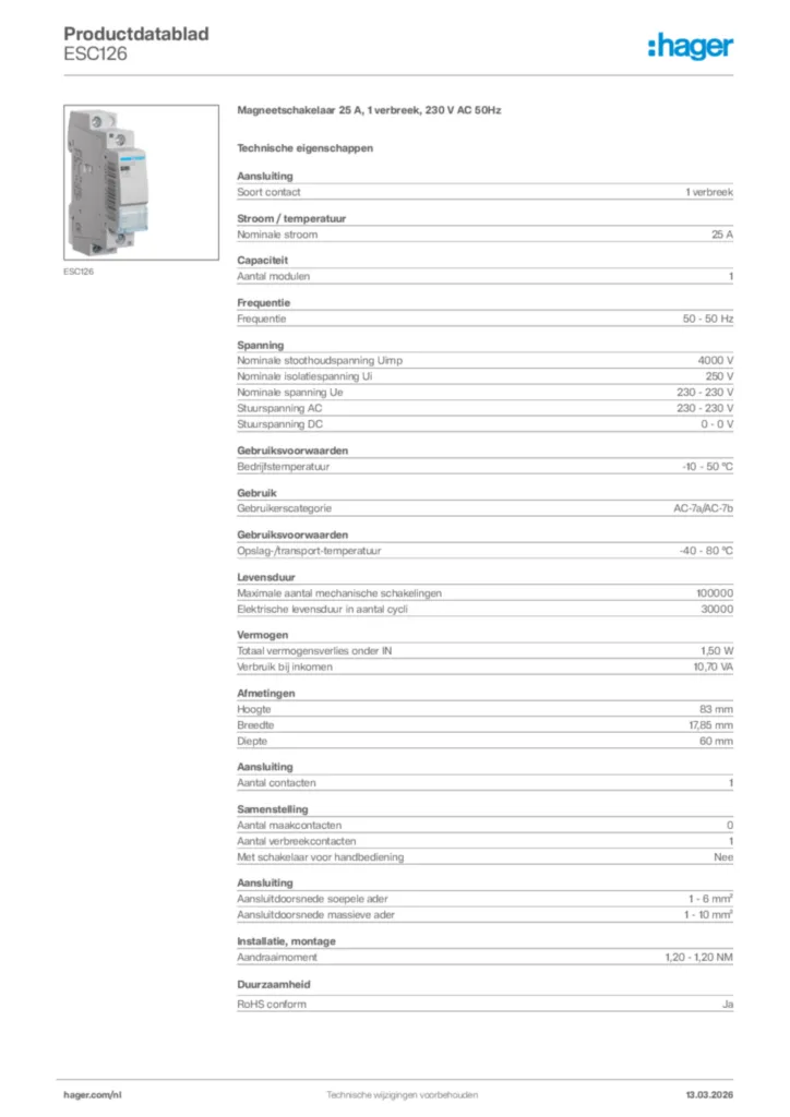 Afbeelding Hager Productdatablad ESC126 | Hager Nederland