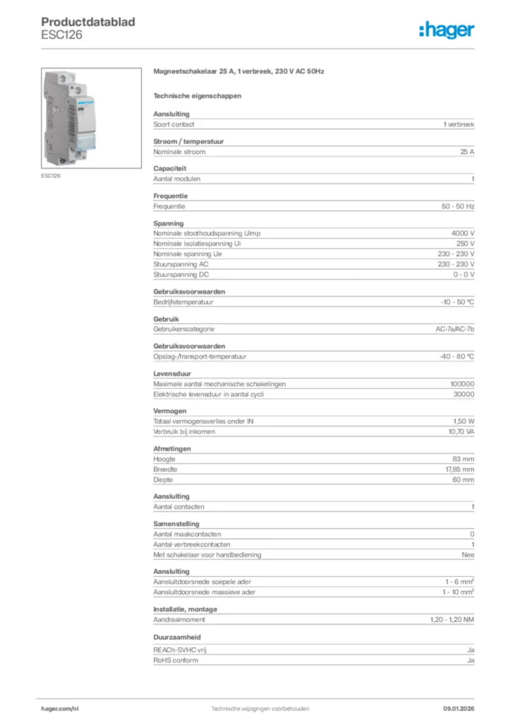 Afbeelding Hager Productdatablad ESC126 | Hager Nederland