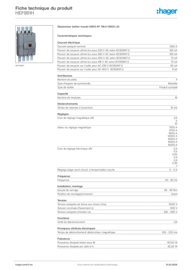 Image Hager Fiche technique du produit HEF981H | Hager Belgique