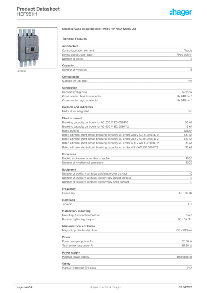 Image Hager Product data sheet HEF981H  | Hager