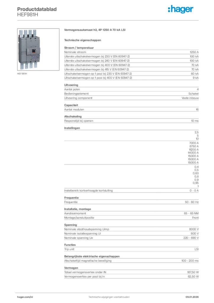 Afbeelding Hager Productdatablad HEF981H | Hager Nederland
