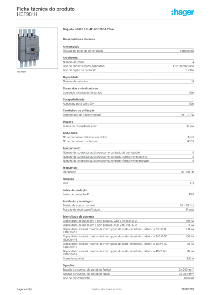 Imagem Hager Ficha técnica do produto HEF981H | Hager Portugal