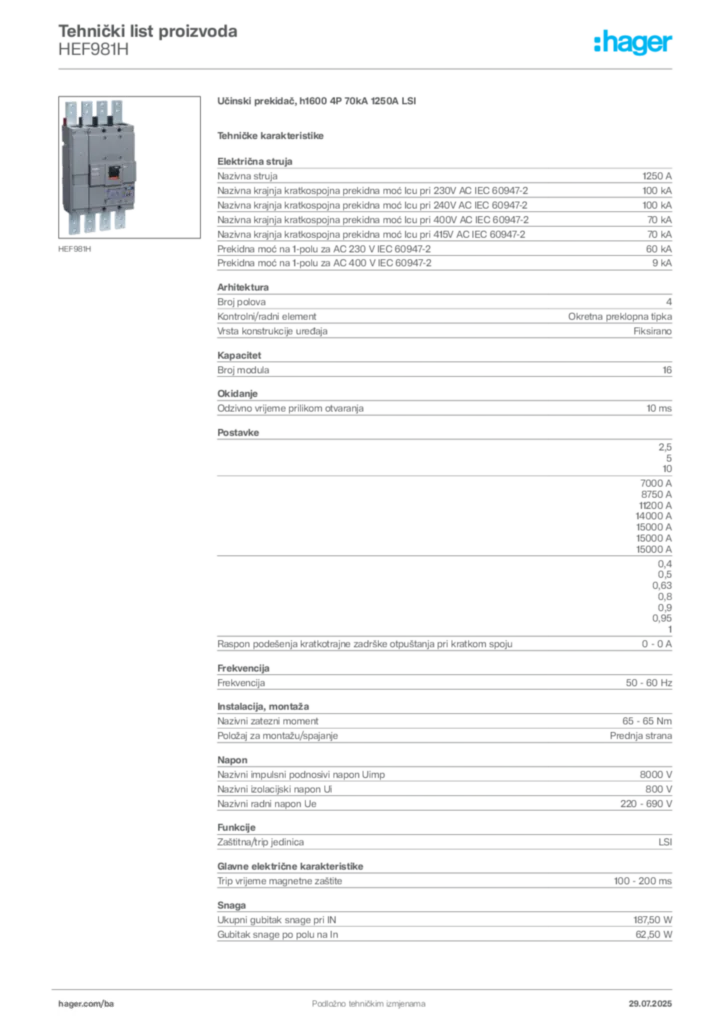 Slika Hager Product data sheet HEF981H  | Hager