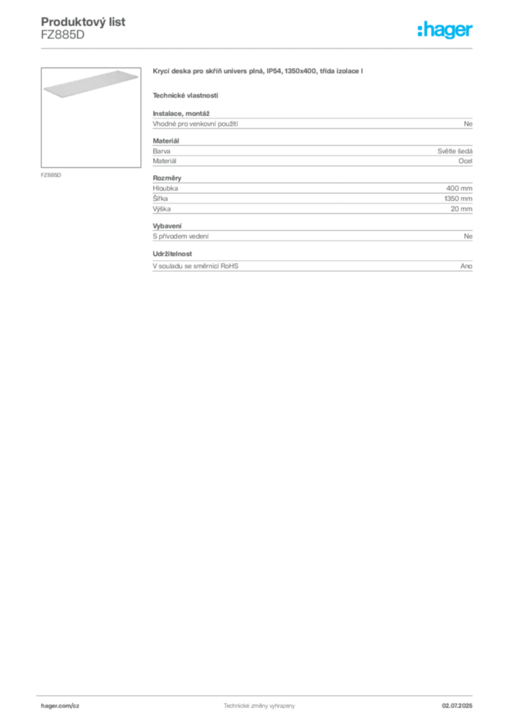 Obrázek Hager Produktový list FZ885D | Hager