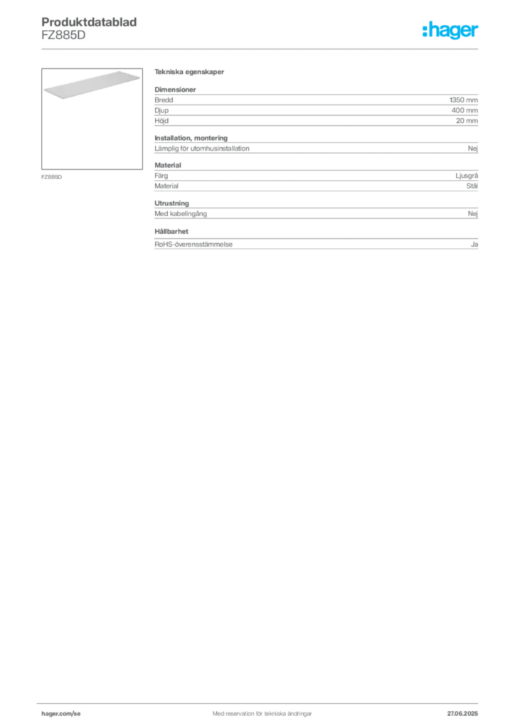 Bild Hager Produktdatablad FZ885D | Hager Sverige
