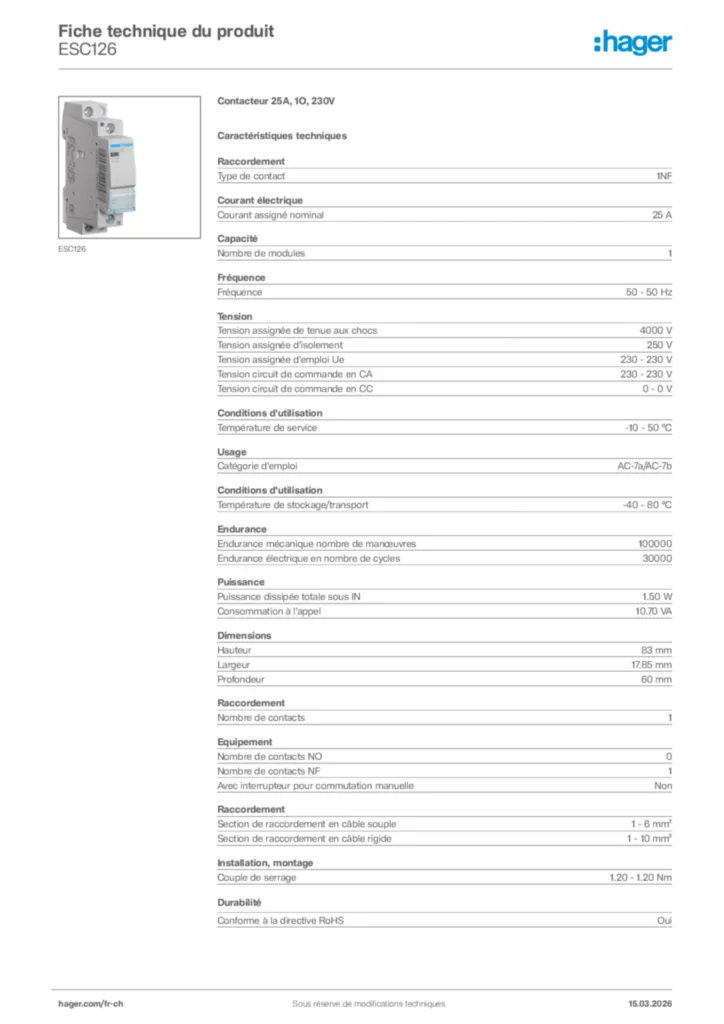 Image Hager Fiche technique du produit ESC126 | Hager Suisse