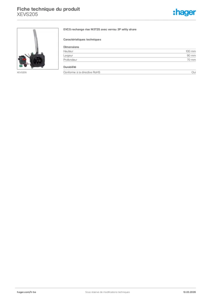 Image Hager Fiche technique du produit XEVS205 | Hager Belgique