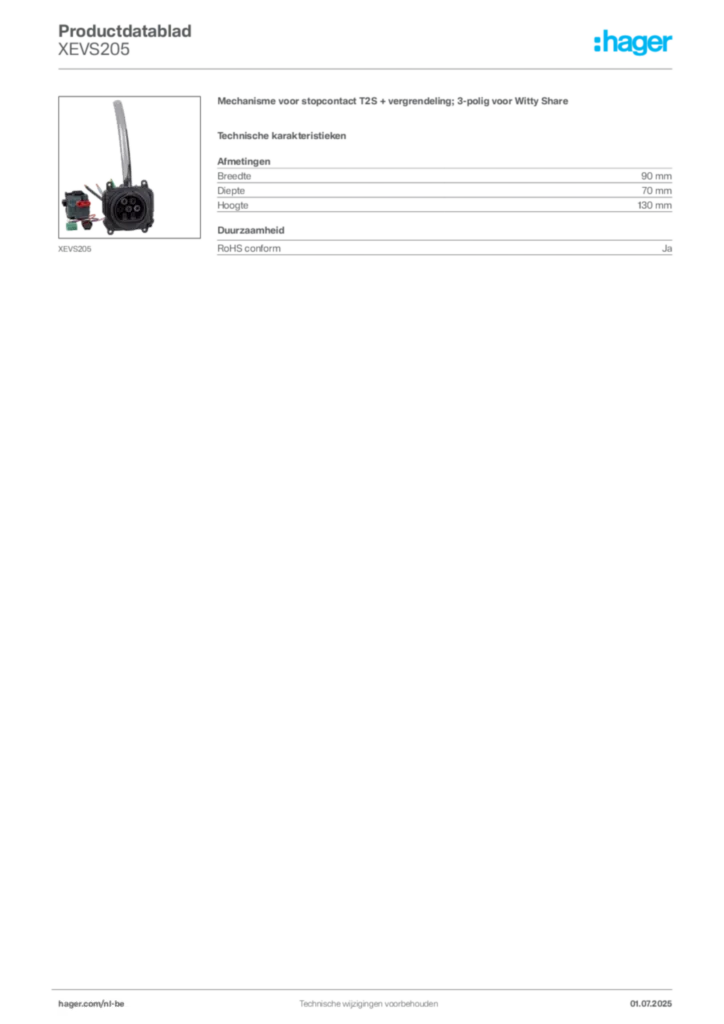 Afbeelding Hager Productdatablad XEVS205 | Hager Belgium