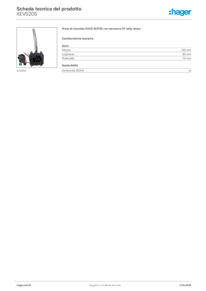 Immagine Hager Scheda tecnica del prodotto XEVS205 | Hager Italia
