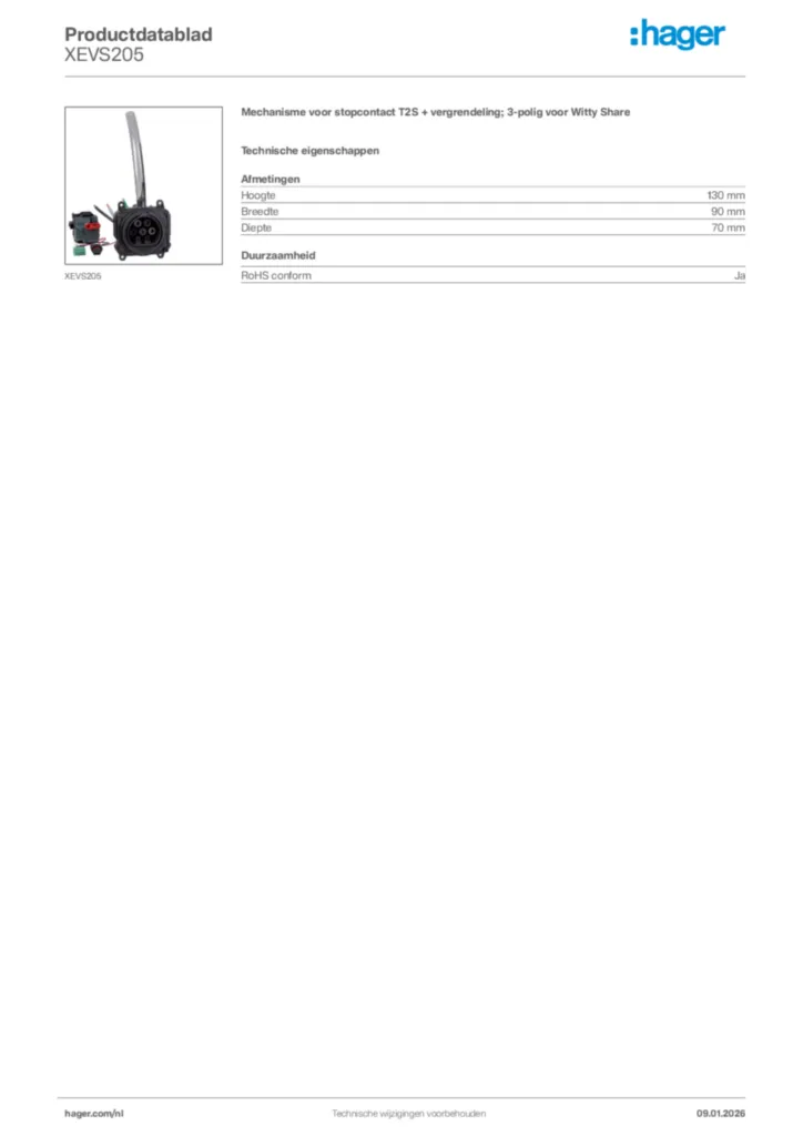 Afbeelding Hager Productdatablad XEVS205 | Hager Nederland
