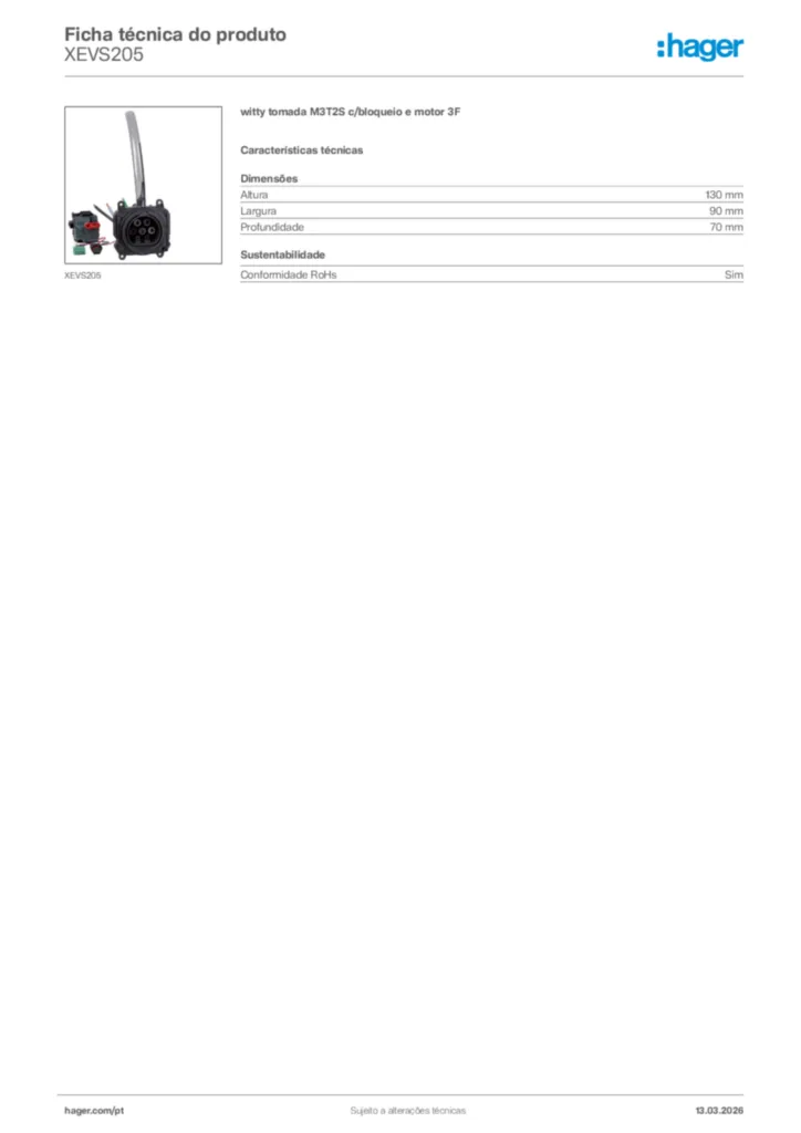 Imagem Hager Ficha técnica do produto XEVS205 | Hager Portugal