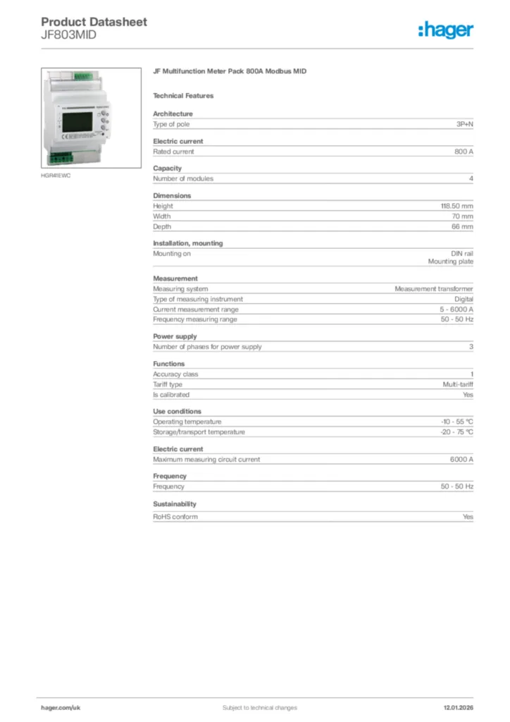 Image Hager Product data sheet JF803MID  | Hager
