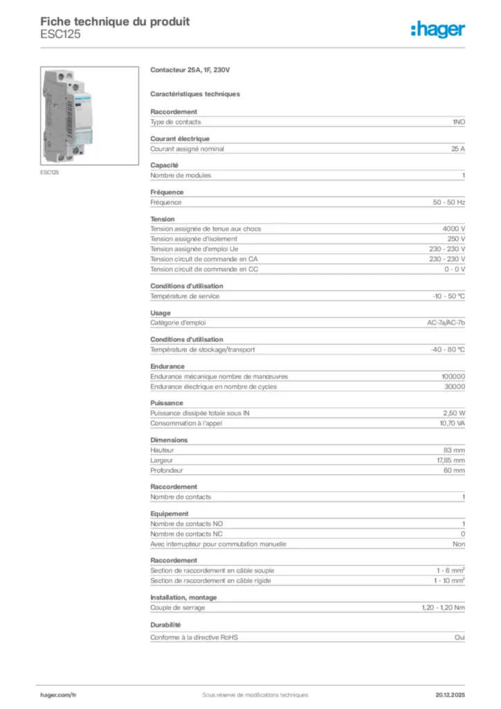 Image Hager Fiche technique du produit ESC125 | Hager France