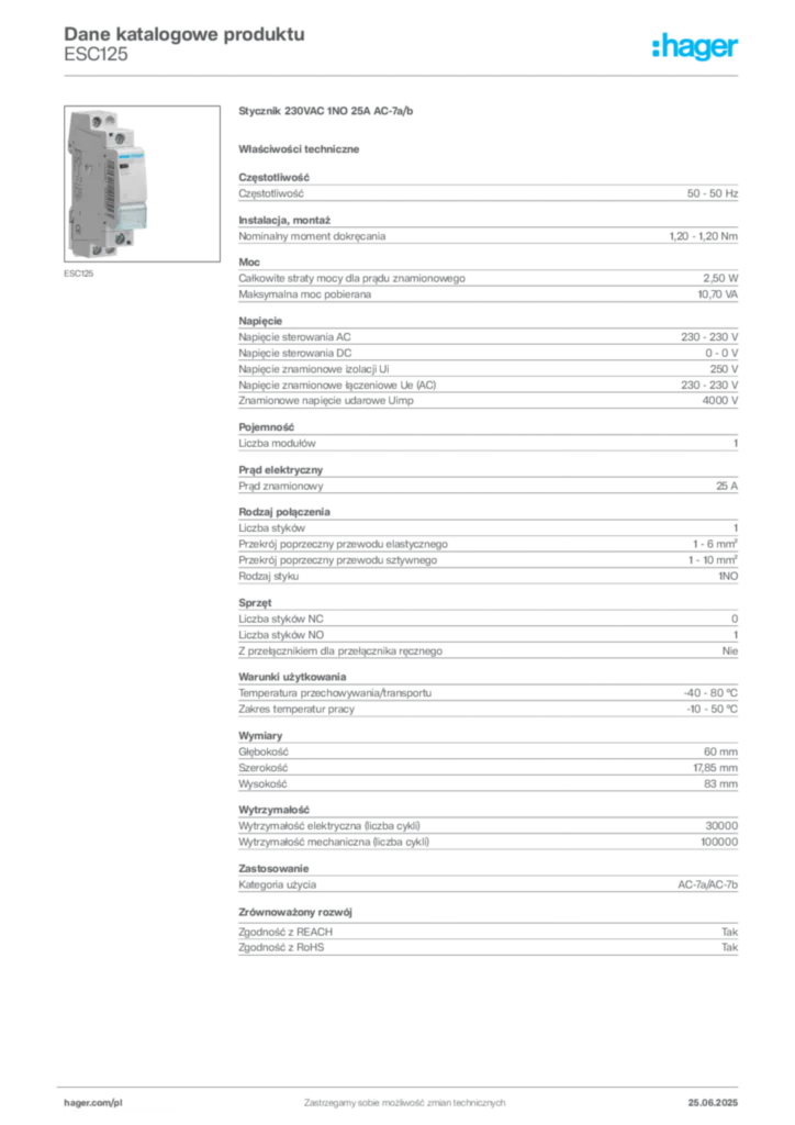 Zdjęcie Hager Karta katalogowa ESC125 | Hager Polska