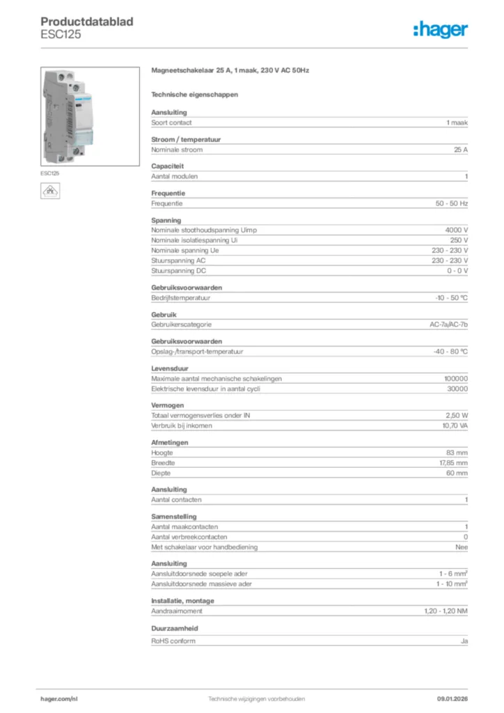 Afbeelding Hager Productdatablad ESC125 | Hager Nederland