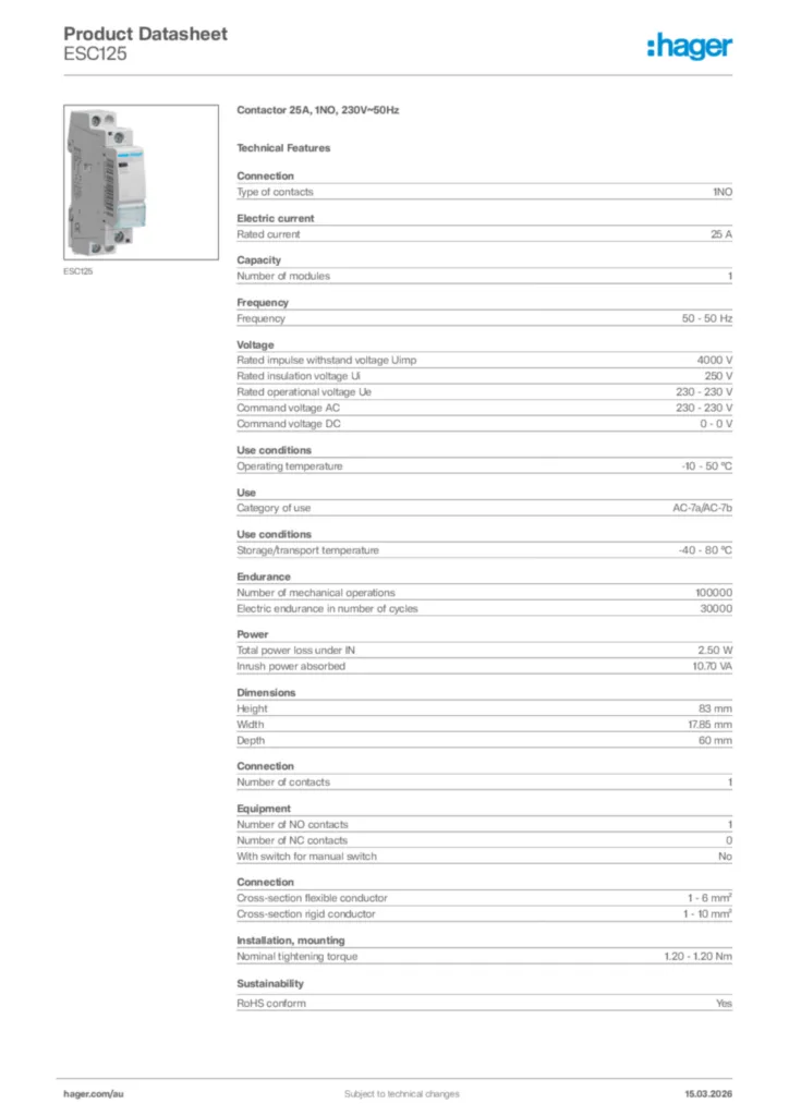 Image Hager Product data sheet ESC125  | Hager Australia