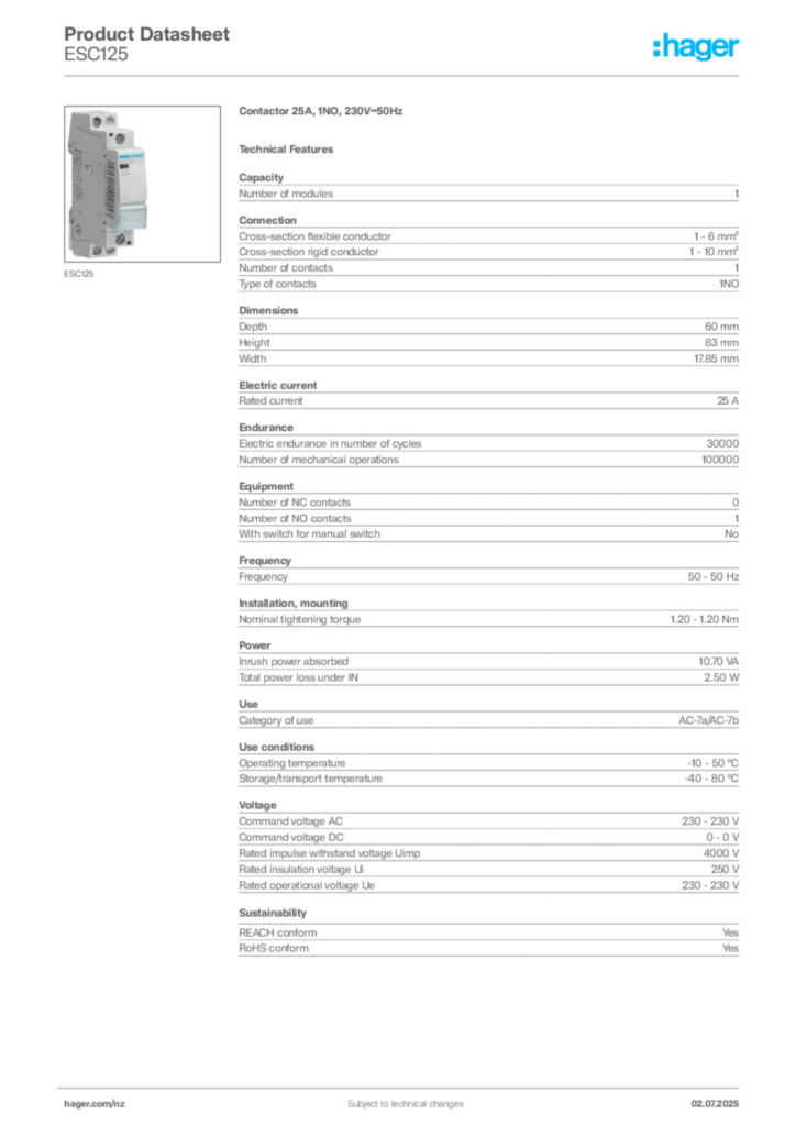 Image Hager Product data sheet ESC125  | Hager New Zealand