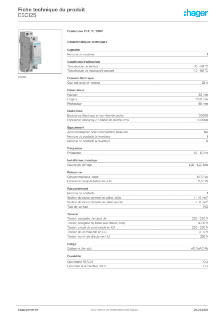 Image Hager Fiche technique du produit ESC125 | Hager Belgique