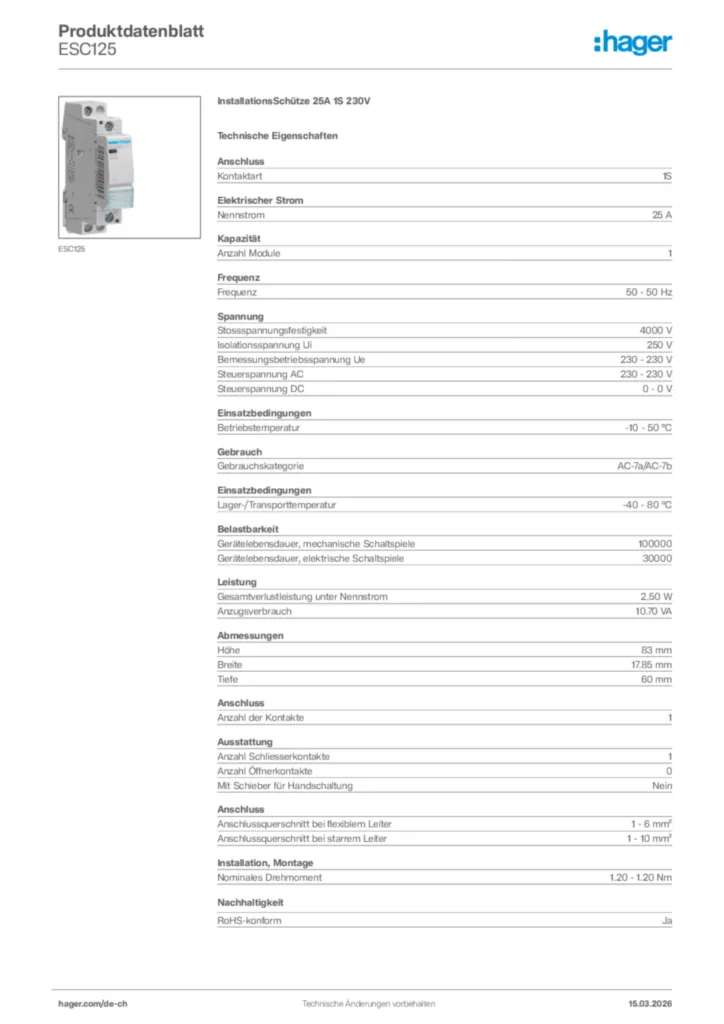 Bild Hager Produktdatenblatt ESC125 | Hager Schweiz