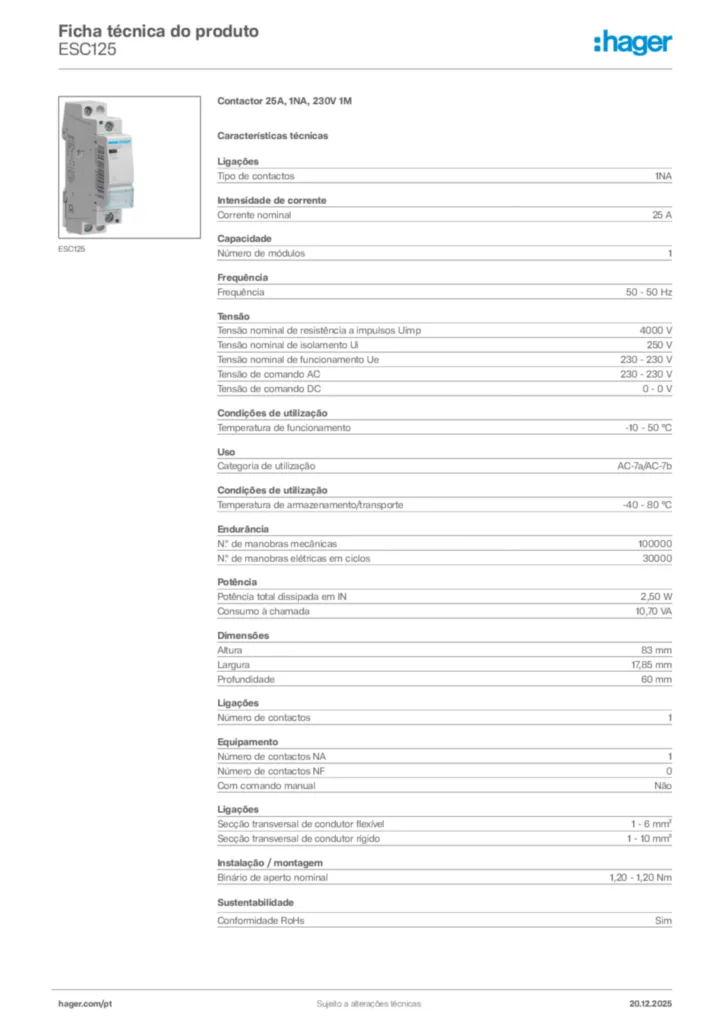 Imagem Hager Ficha técnica do produto ESC125 | Hager Portugal