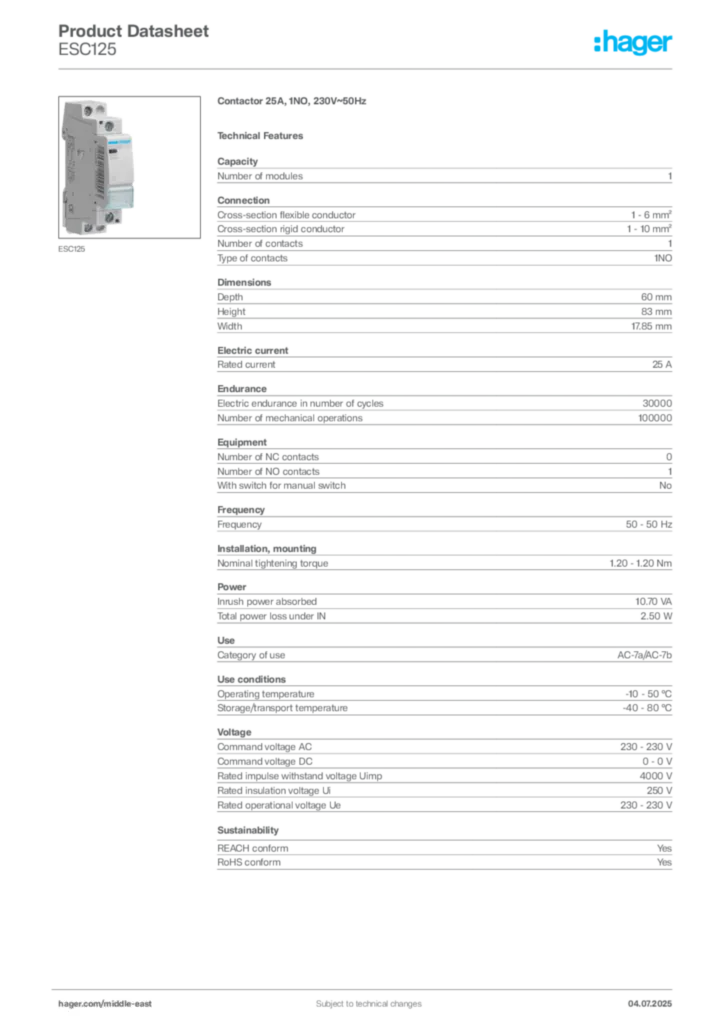 Image Hager Product data sheet ESC125  | Hager