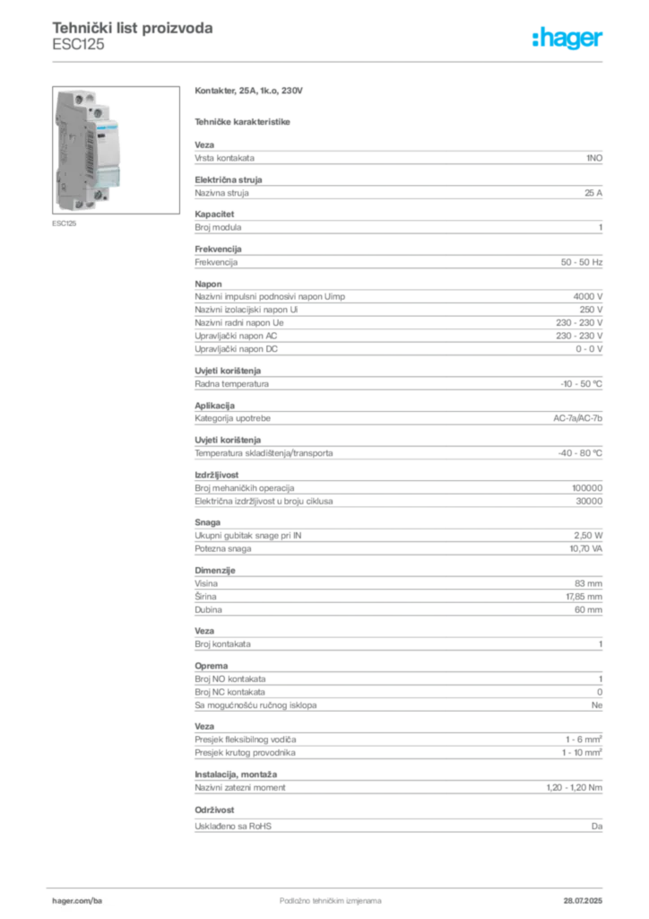 Slika Hager Product data sheet ESC125  | Hager