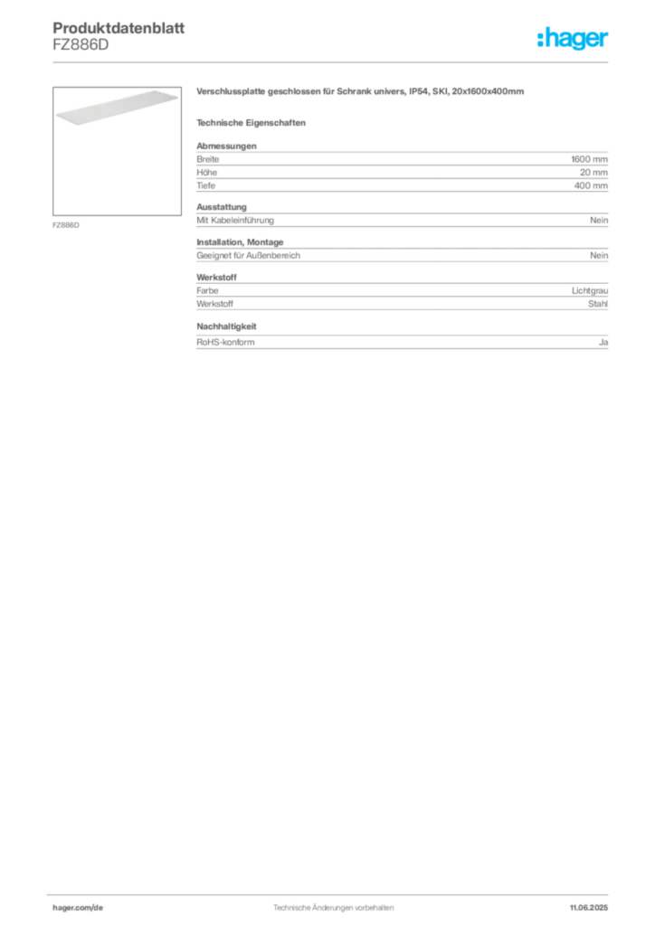 Bild Hager Produktdatenblatt FZ886D | Hager Deutschland
