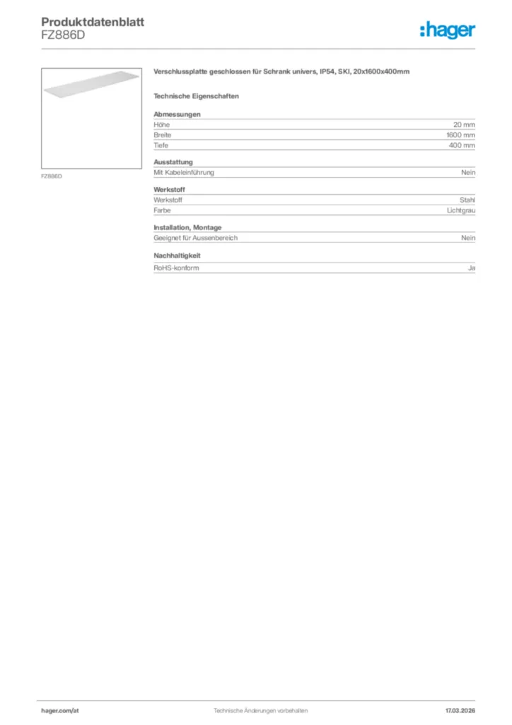 Bild Hager Produktdatenblatt FZ886D | Hager Deutschland