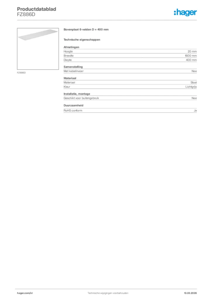 Afbeelding Hager Productdatablad FZ886D | Hager Nederland