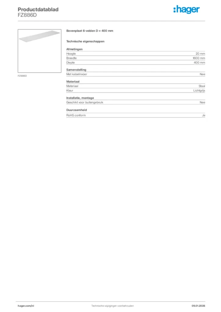 Afbeelding Hager Productdatablad FZ886D | Hager Nederland