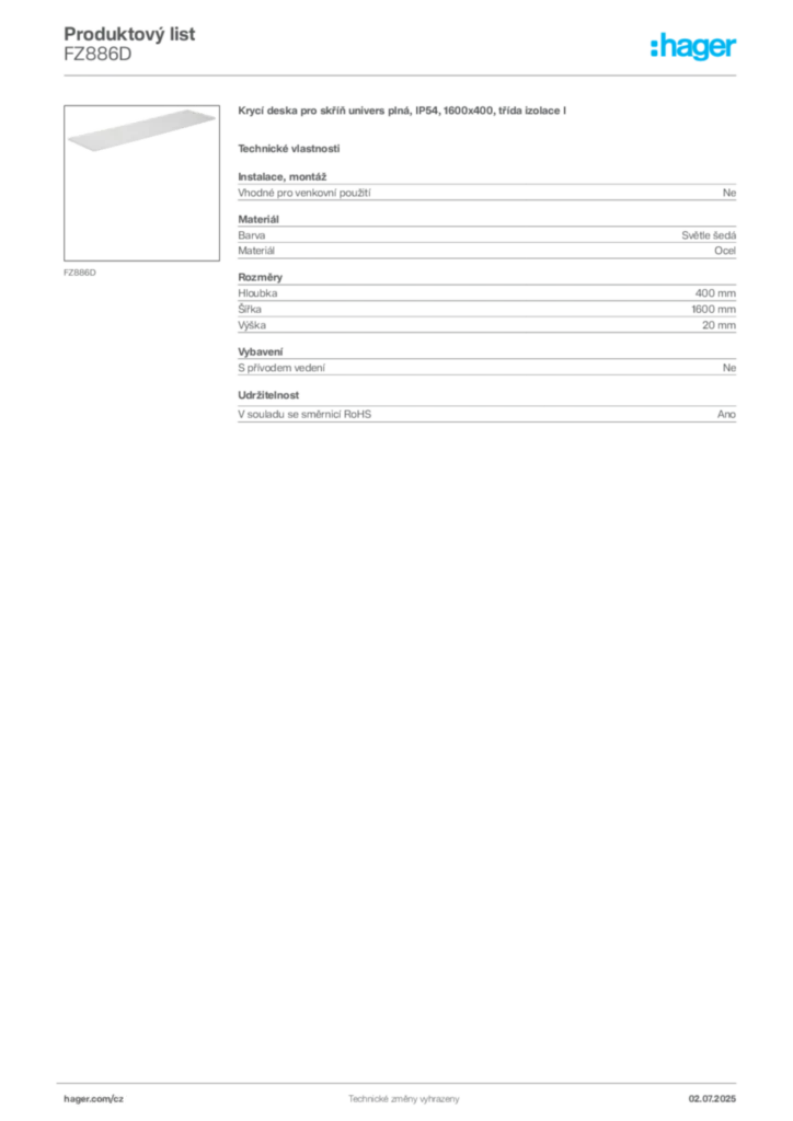 Obrázek Hager Produktový list FZ886D | Hager