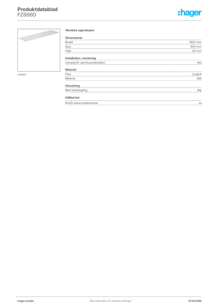 Bild Hager Produktdatablad FZ886D | Hager Sverige