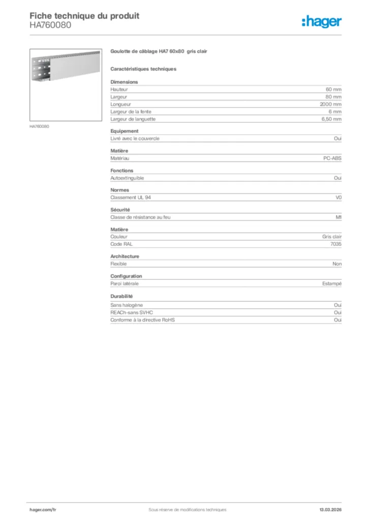 Image Hager Fiche technique du produit HA760080 | Hager France