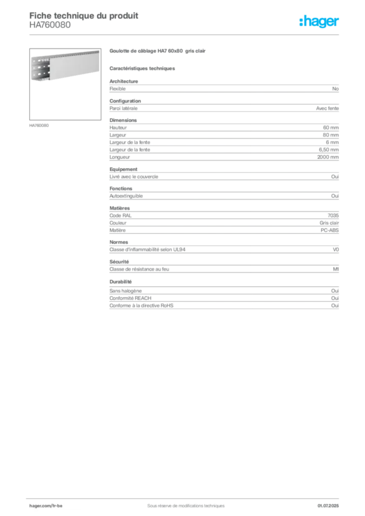Image Hager Fiche technique du produit HA760080 | Hager Belgique