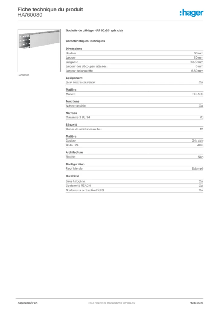 Image Hager Fiche technique du produit HA760080 | Hager Suisse