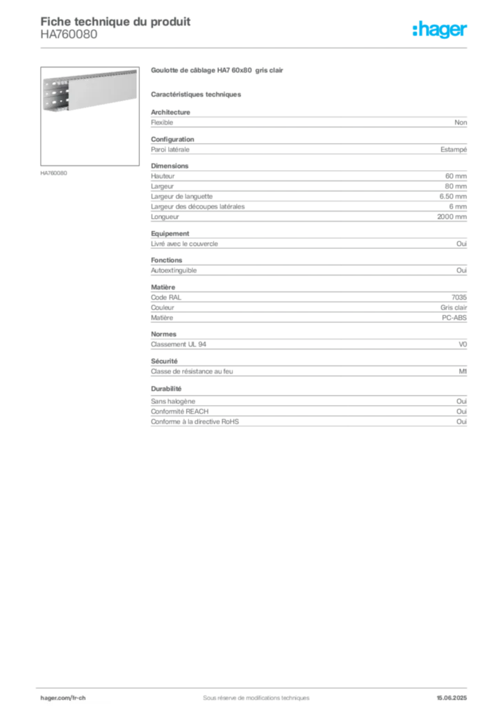 Image Hager Fiche technique du produit HA760080 | Hager Suisse